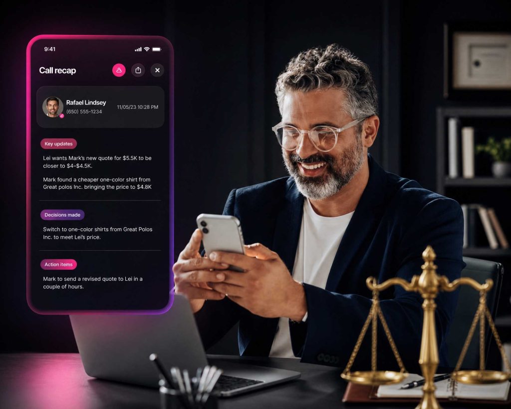 SpeechFlowAI call recap showing key updates, decisions, and action items on mobile
