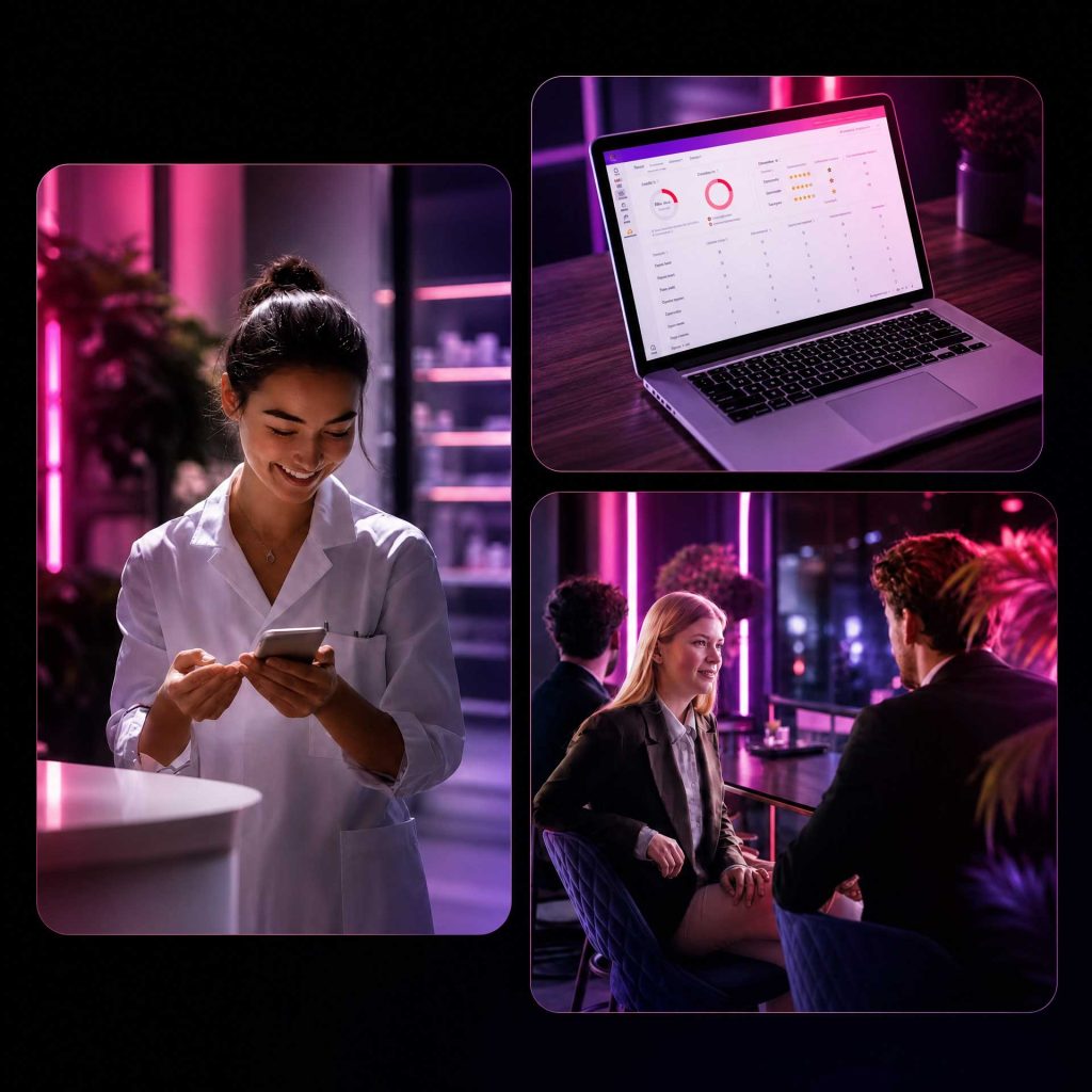 Collage of SpeechFlow AI conversational intelligence in use across healthcare, business dashboards, and meetings
